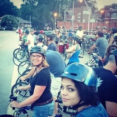 Bethanie Johnson (behind) and her daughter (front) at the Plaza Midnight Tuesday Night Ride.