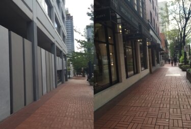 Downtown Portland buildings built before the bylaws preventing blank facades (left) and after (right)