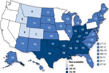 Percentage of American high school students who were obese, 2013. Source: Centers for Disease Control and Prevention.