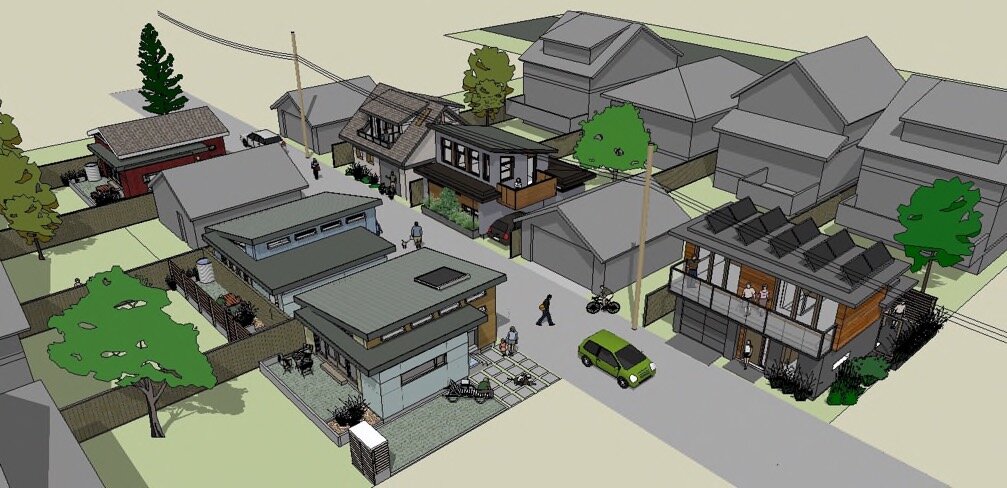 Vancouver back alley typology with laneway houses. Rendering courtesy of Lanefab.