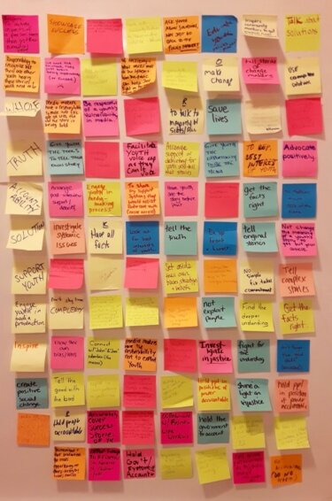 It seems people have a strong sense for media’s responsibilities and opportunities with respect to child welfare. Our group of 25 filled nearly 100 Post-its in 10 minutes. 