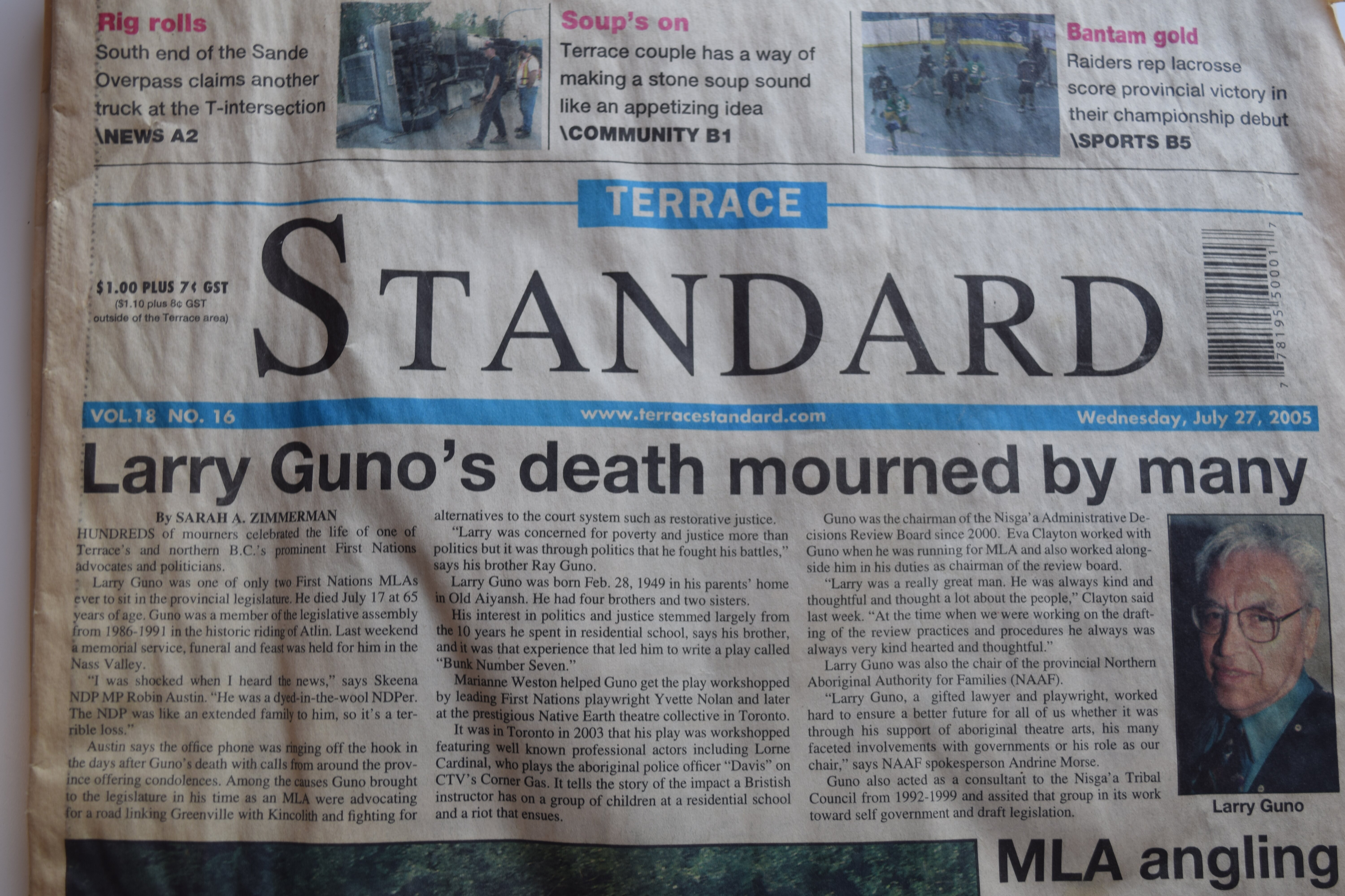 The July 27, 2005, edition of The Terrace Standard, which features Larry Guno's obituary on the front page. Wawmeesh Hamilton