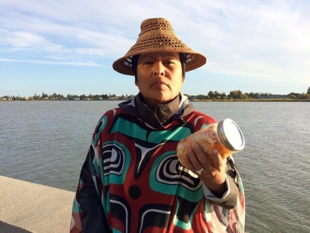 Christine Smith-Martin of the Gitwilgyots tribe protested the federal government’s announcement approving Pacific NorthWest LNG, saying the project would damage fragile salmon spawning grounds. TREVOR JANG