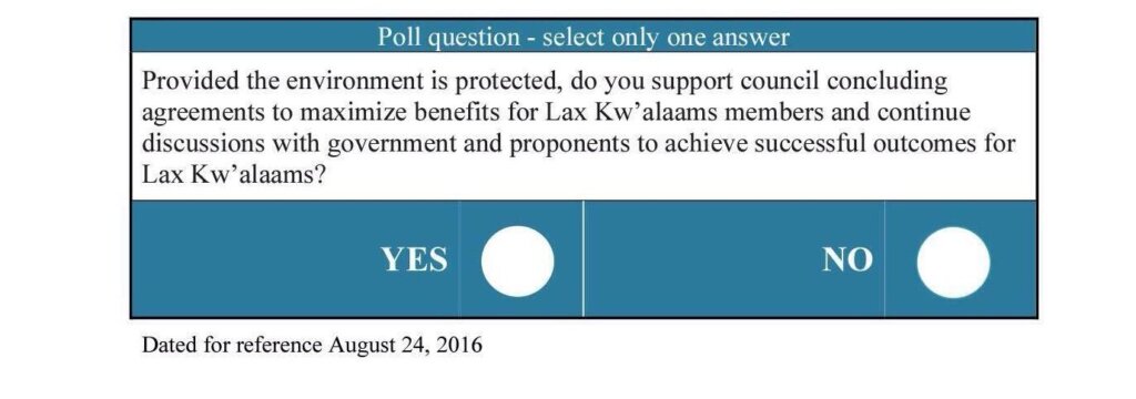 Screenshot of polling question being asked of Lax Kw’alaams members.