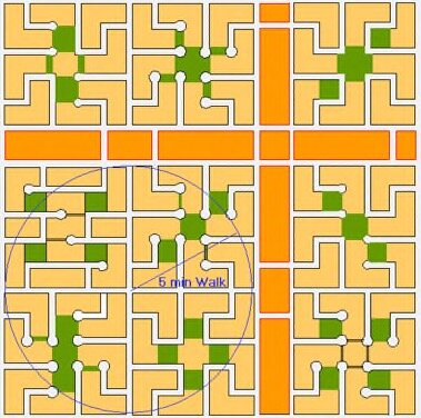 A conceptual drawing of a fused grid neighbourhood, with dark orange representing commercial high streets, light orange representing residential areas, streets in white and parks and greenways in green.</p><div class="byline">Fanis Grammenos</div>