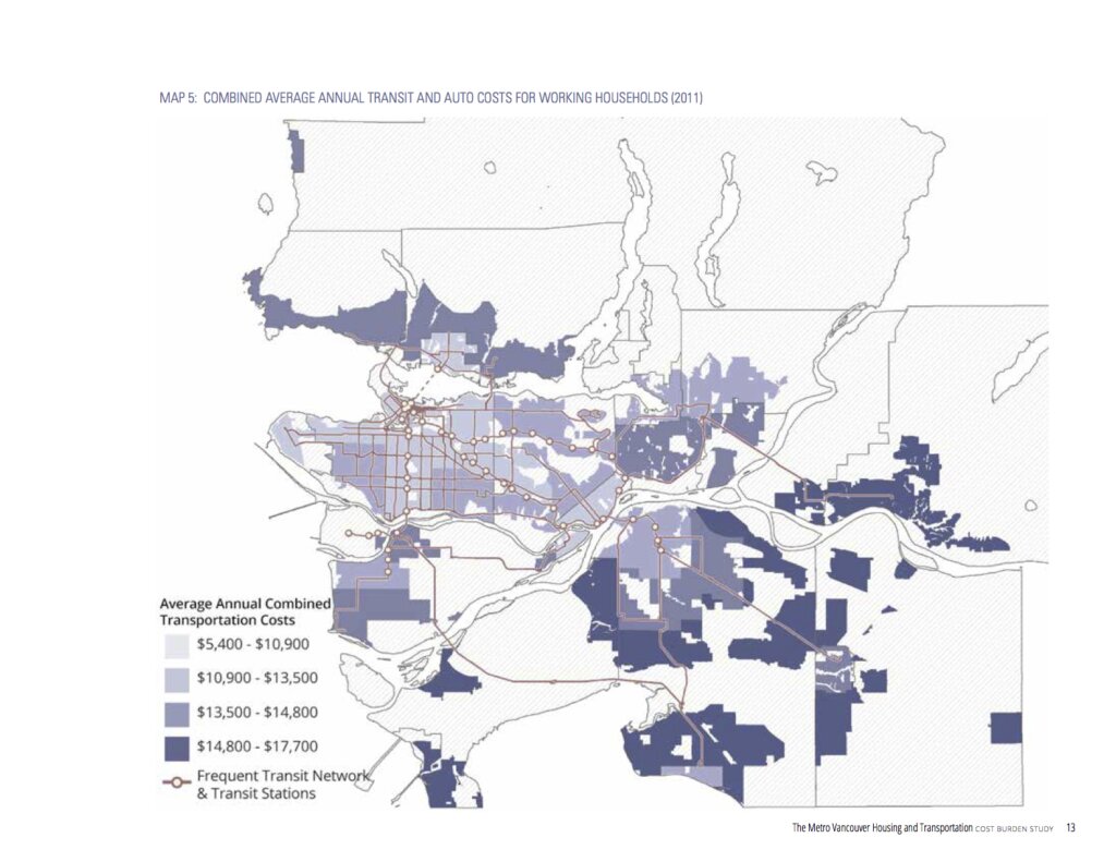 While housing costs may be lower on the outskirts of Canadian urban centres, high transportation costs often offset the savings. In Metro Vancouver, the most suburban areas are actually some of the most expensive to live in when housing and transportation costs are combined. Source: The Metro Vancouver Housing and Transportation Cost Burden Study