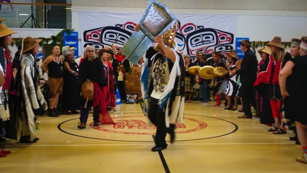 Chief Ginaawaan, Darin Swanson, dancing the copper shield.Trevor Jang