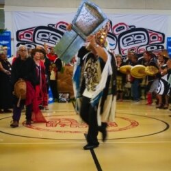 Chief Ginaawaan, Darin Swanson, dancing the copper shield.Trevor Jang