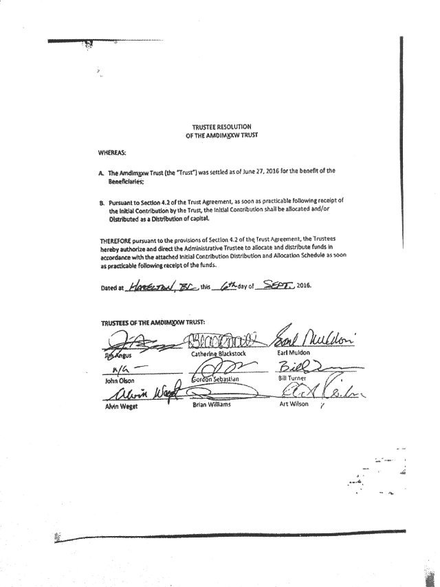This draft of the Trustee Resolution of the Amdimxxw Trust, leaked in October 2016, shows the signatures of eight out of 10 Gitxsan wilp chiefs. Click here to view the full document.