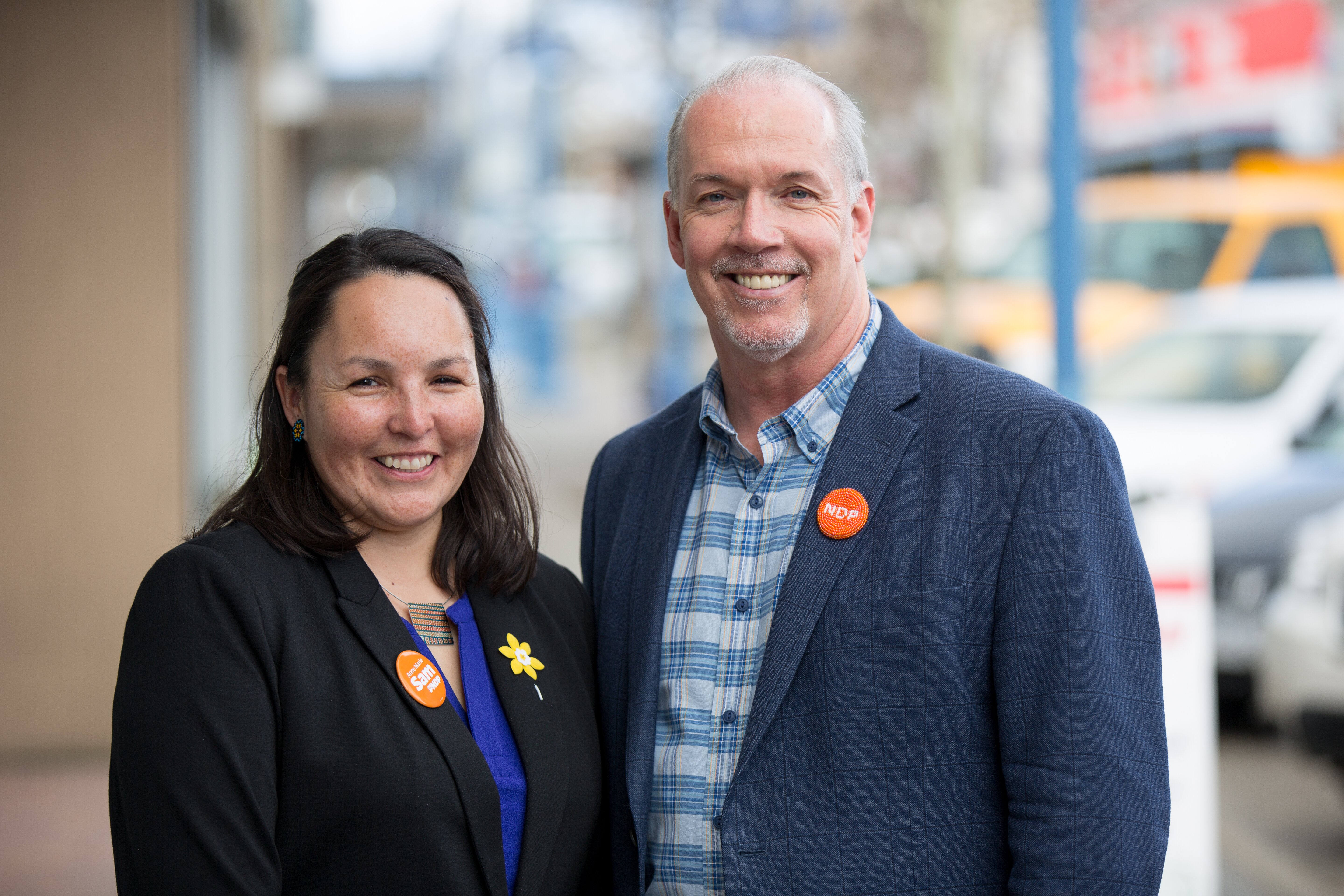 Anne Marie Sam, NDP candidate for Nechako Lakes, stands with party leader John Horgan. Sam is a councillor for the Nak'azdli Whut'en, and wants to see a new regulatory process for energy projects in B.C. that enables First Nations to provide their consent. Anne Marie Sam